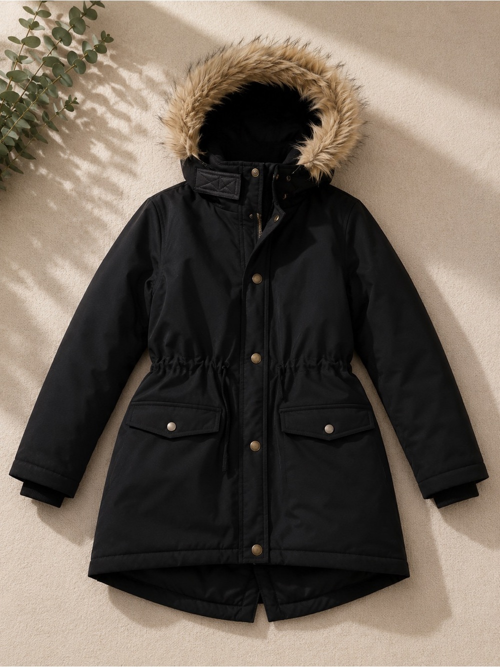 Abercrombie & Fitch Black Hooded Puffer Coat with Faux-Fur Trim